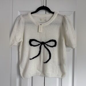NWT Anthropologie The Mollie Short Sleeve Bow Print White Sweater Size M